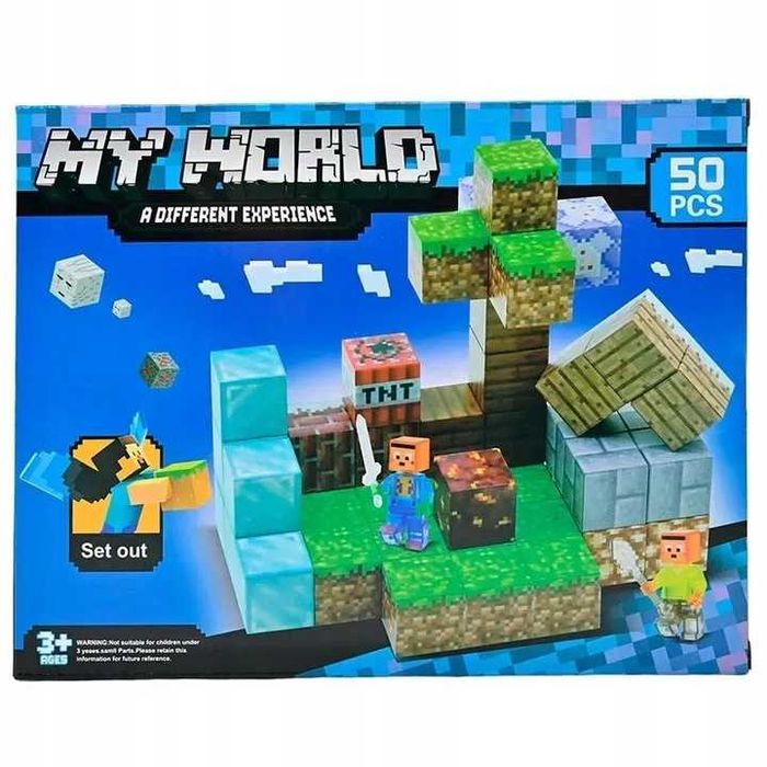 Klocki magnetyczne 50 el. sześciany Minecraft styl + 2 figurki NOWOŚĆ