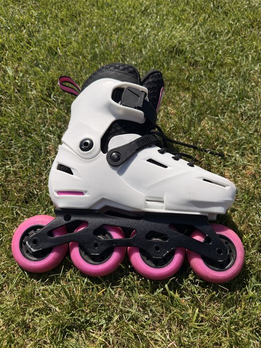 Rolki Rollerblade Apex – dziecięce, 4 kółka, biało-różowe