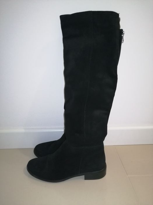 Czarne skórzane kozaki Ryłko zamszowe muszkieterki oficerki dług