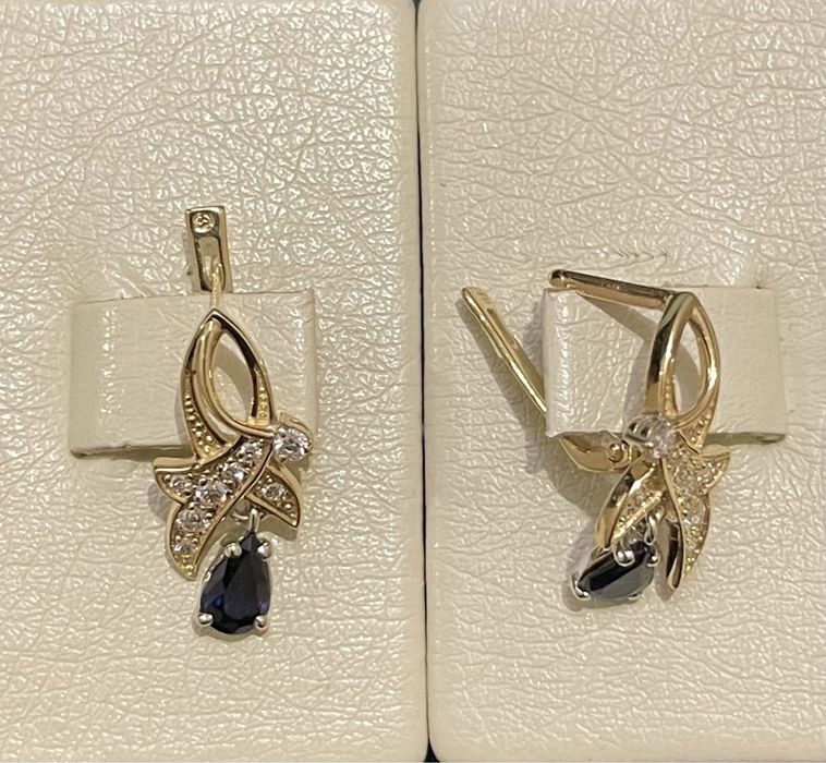 Золотые серьги с натуральными бриллиантами  и сапфиром (С9170)