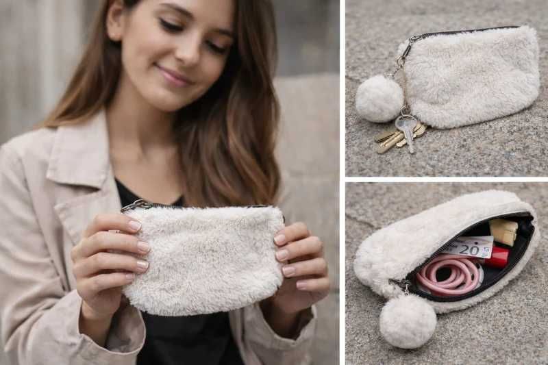 Pequena bolsa de pelúcia branca, frequentemente utilizada como estojo, porta-moedas ou necessaire