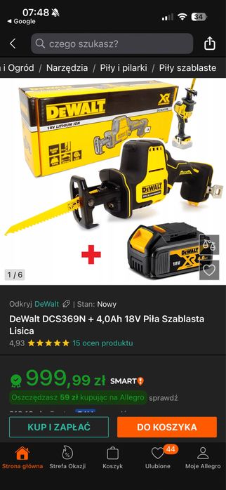 DeWalt DCS369N + 4,0Ah 18V Piła Szablasta Lisica