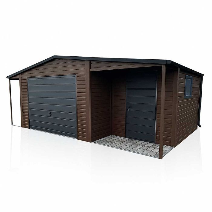 Garaż Blaszany drewnopodobny z wnęką 5.5x5m + 1.5x5m wiata Panelowa