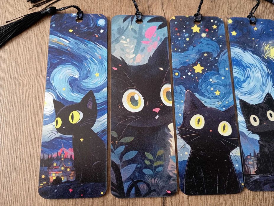 6 plastikowych zakładek do książek. Czarne koty nocą