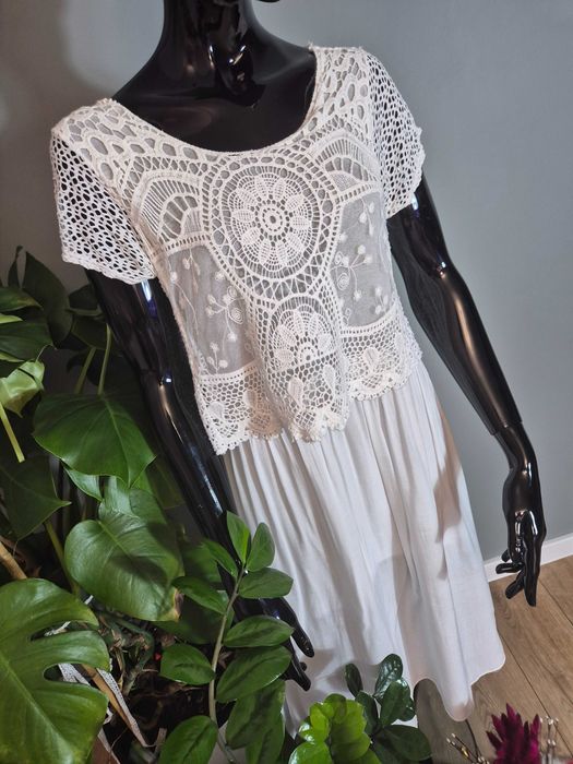 Długa włoska sukienka biała midi wiskozowa Made in Italy 95% wiskoza