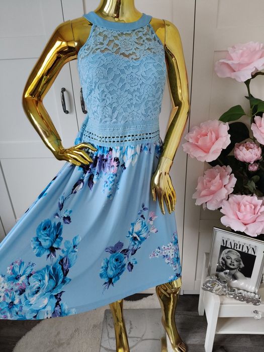 Nowa błękitna sukienka koronkowa w kwiaty styl Boho R.40/42