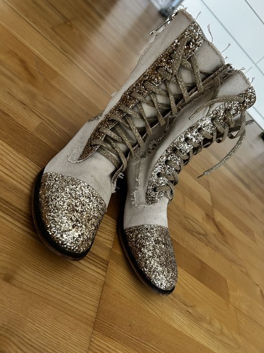 Buty botki złote len z brokatem