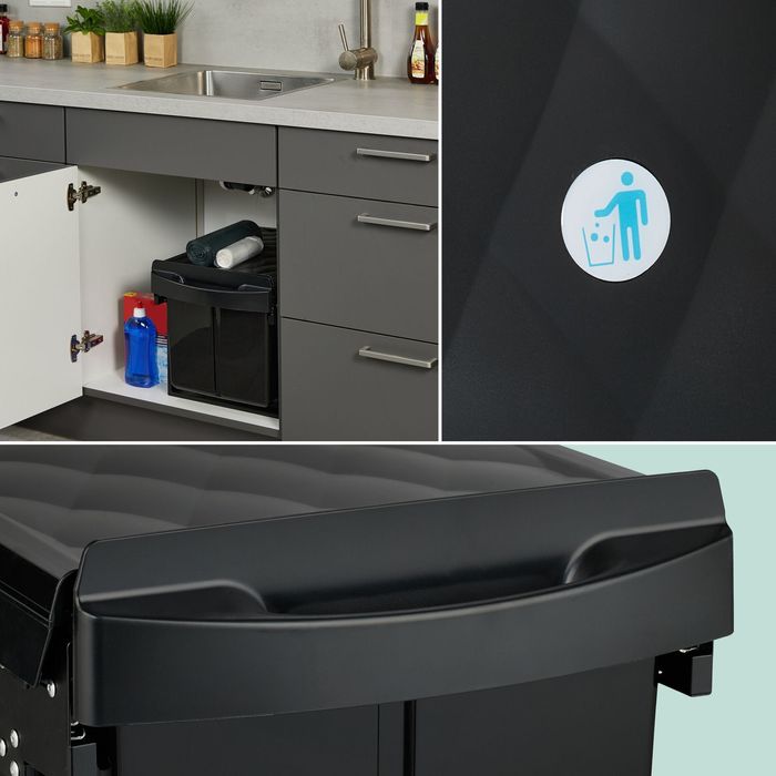 Relaxdays Czarny wysuwany kosz segregacyjny 40 cm – 20L + 2×10L