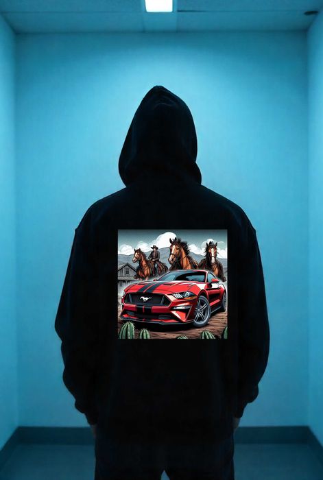 Męska Czarna Bluza M Czerwony Mustang i Konie Grafika | Rozmiary S-XL