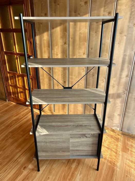 półka regał loftowy dąb metalowy czarny wysoki 4 półki drzwi przesuwne