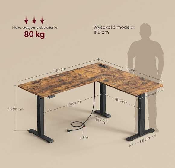 Stelaż do biurka elektrycznego – narożny, regulowany, 160 × 140 cm