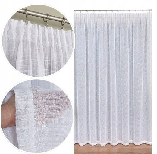 Biała firana gotowa typu len na taśmie 300x250cm lniana gruba żabki