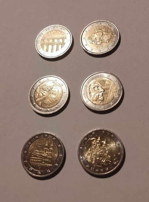 Conjunto 6 moedas 2€ comemorativas (2 Espanha, 2 França e 2 Alemanha)