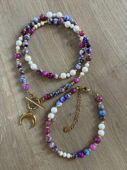 Zestaw naszyjnik bransoletka jaspis cesarski rozowy turmalin