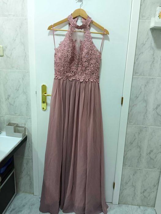 Vestido de cerimónia rosa velho – renda e tule – Tam. L