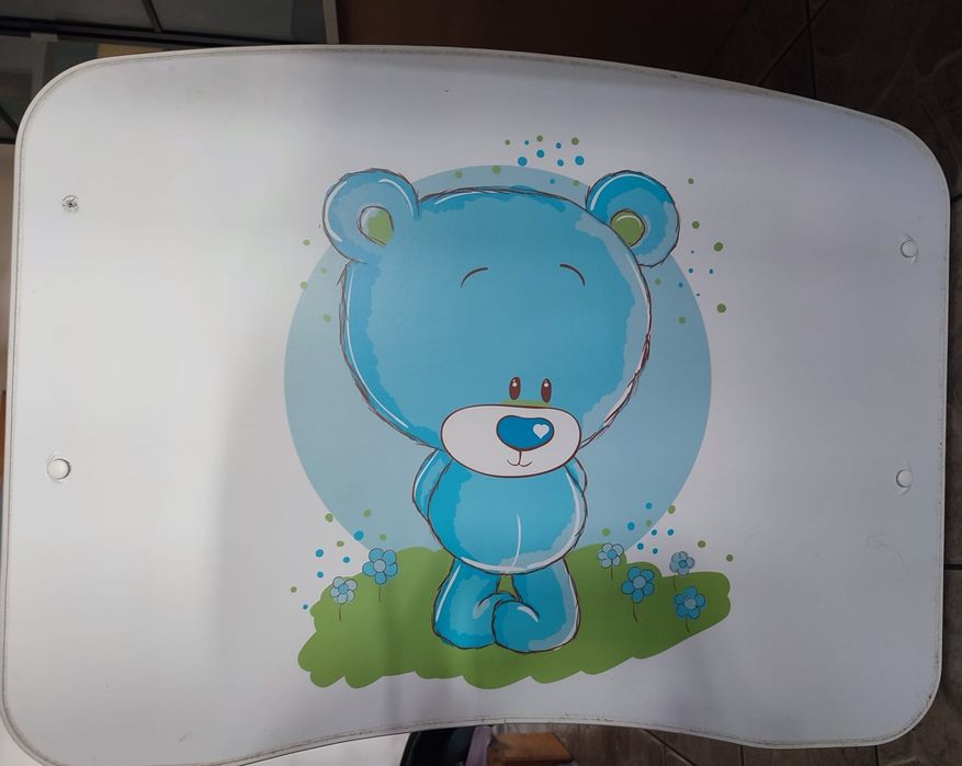 Łóżko dziecięce z szufladą z barierką 140x70 białe niebieski miś