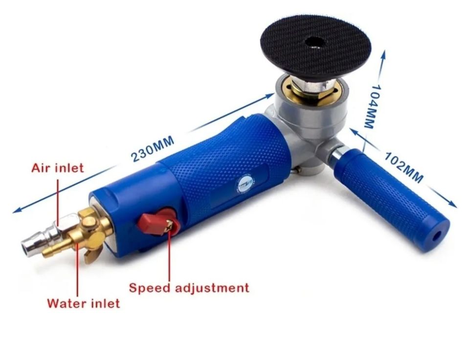 Polidora pneumática de 3 polegadas com injeção de água, lixadeira pneumática profissional para polimento a ar e água, 4300 RPM, aplicação versátil.