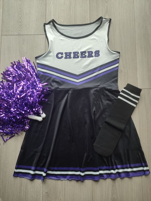 Strój cheerleaderki czirliderki tancerki kostium bal pompony 140 146