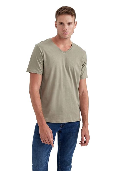 Defacto męski t-shirt z dekoltem v w kolorze beżowym m 5da