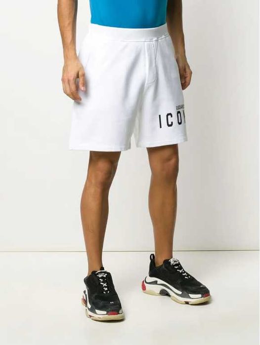 Dsquared2 ICON Logo Print Shorts in White spodenki bawełniane Relax Fit rozmiar L