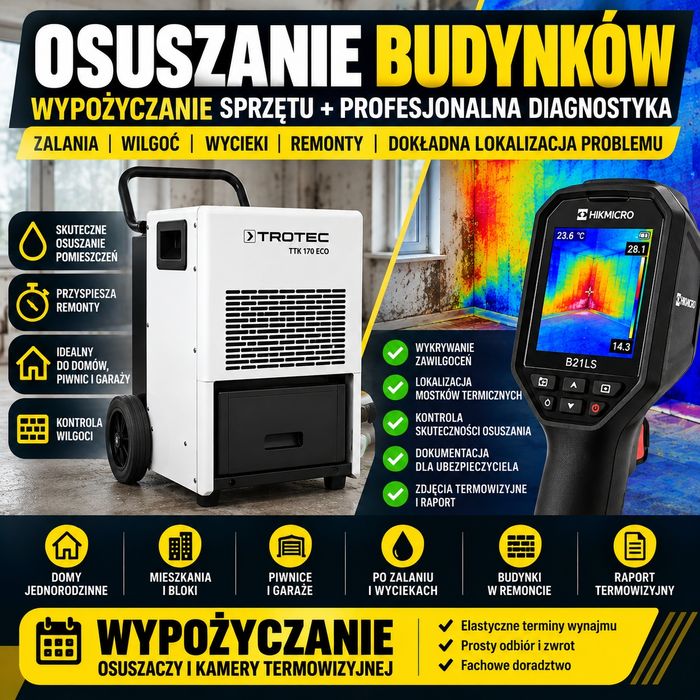 Osuszanie budynków, diagnostyka termowizyjna, wynajem sprzętu
