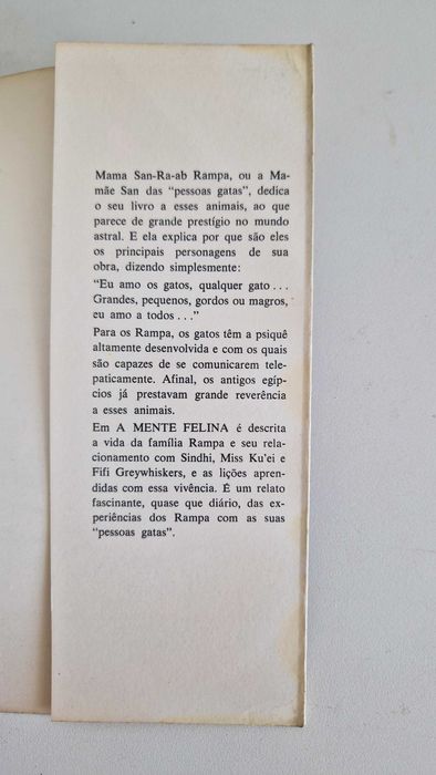 Livro "A Mente Felina" por Mama San Ra-ab Rampa