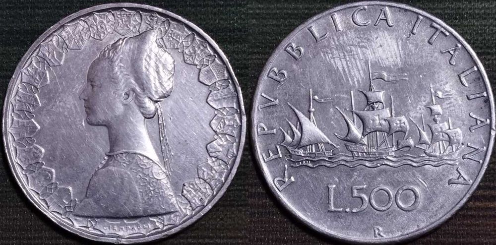 монета Італія 500 лір, 1966, каравелла, срібло,
