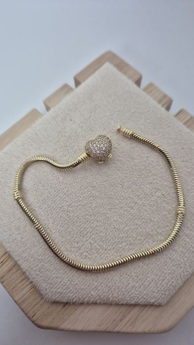 Nowa złota bransoletka typu Pandora białe cyrkonie serce 20,5 cm p 585