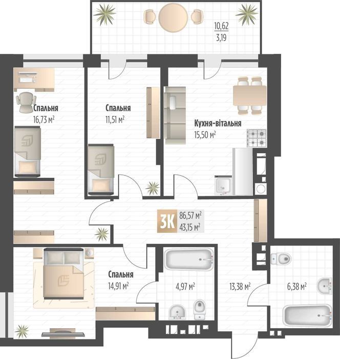 Продаж 3 кім. квартири SOUL PARK вул П. Орлика 86.6 кв.м