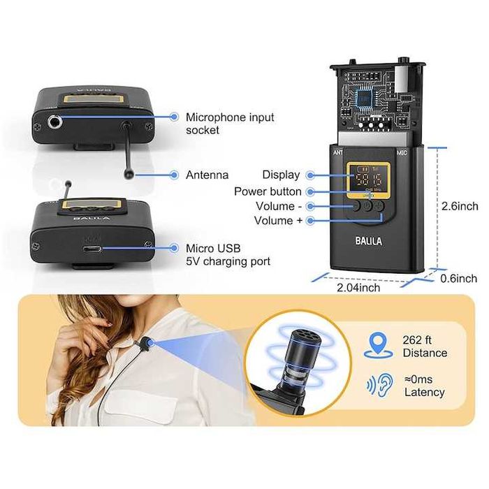 Беспроводной петличный UHF микрофон с ЖК, 1 передатчик и 1 приемник, ,