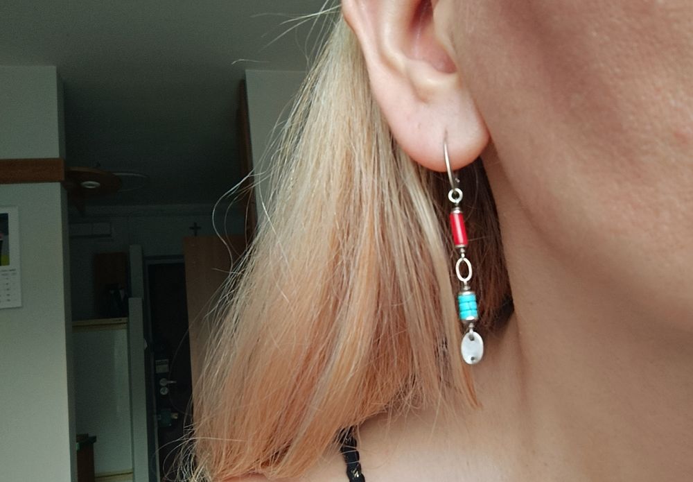 Kolczyki długie, turkus i koral, srebro oksydowane