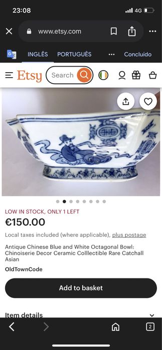 Tigela Octogonal Azul e Branca Chinesa Antiga seculo 19