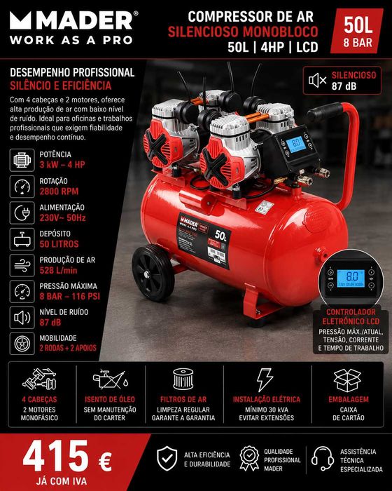 COMPRESSOR AR MONOBLOCO 50L 4HP LCD MADER LL29