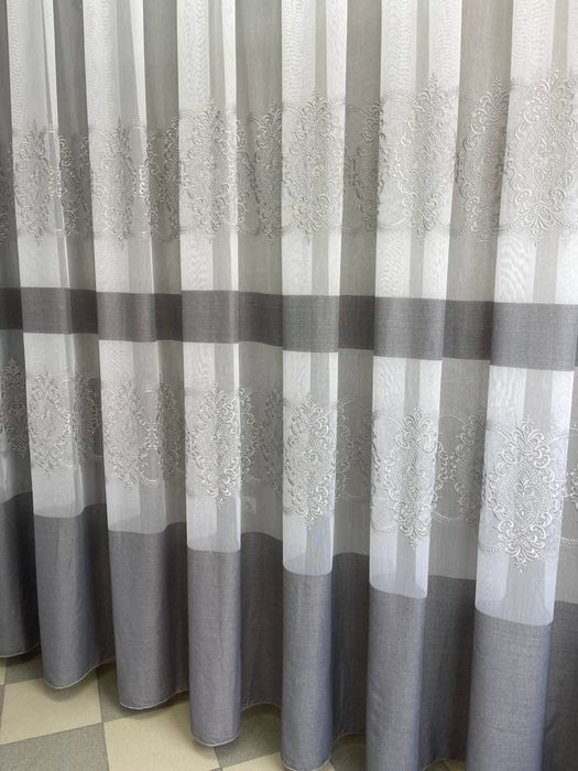 Тюль бамбук з вишивкою та атласною стрічкою