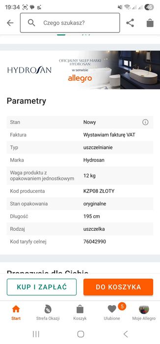 Profil poszerzający złoty do kabiny prysznicowej