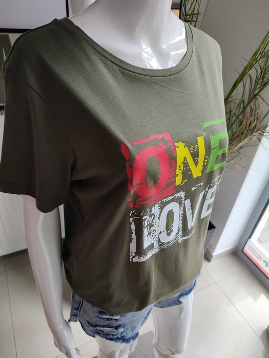 Wiskozowa koszulka "One Love" - oliwkowy L