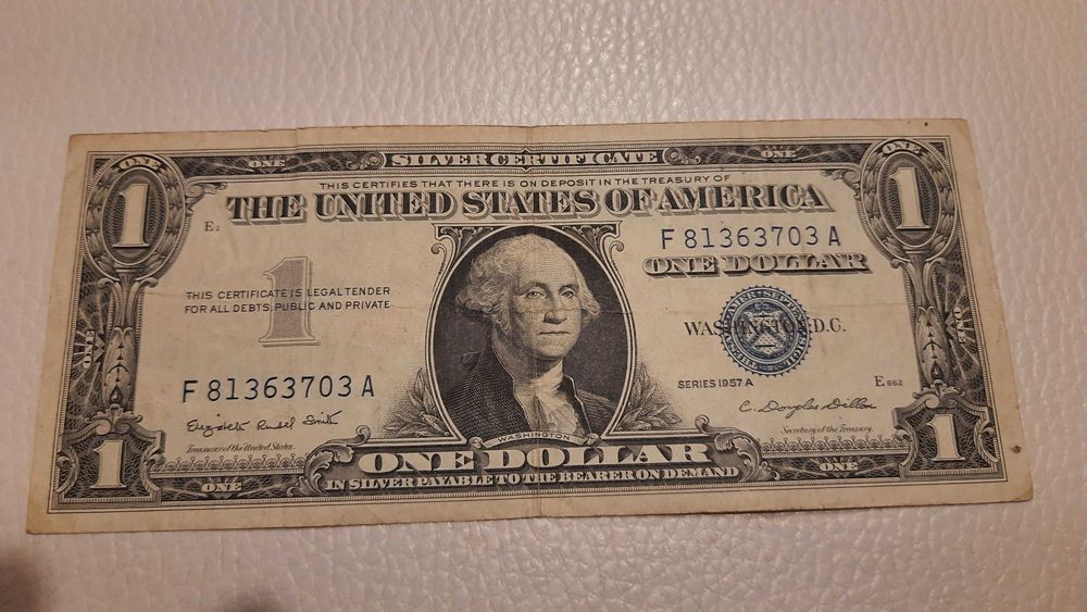 Banknot 1 USD silver certificate niebieska pieczęć 1957 rok ładny stan