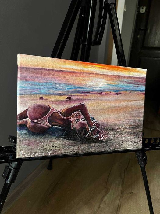 obraz olejny na płótnie Dziewczyna na plaży 20*30