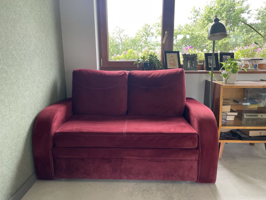 Sofa bordowa, rozkładana, pojemnik na posciel
