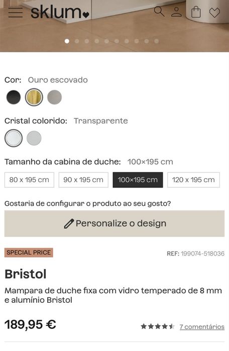 Vidro de resguardo de duche fixo Sklum - SÓ o vidro temperado de 8mm
