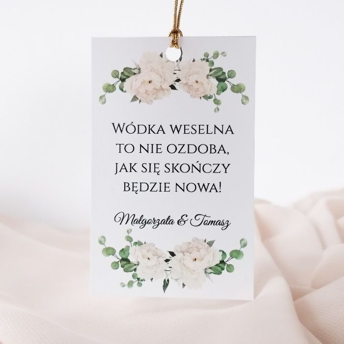 Zawieszki na alkohol weselny BIAŁA PIWONIA I EUKALIPTUS