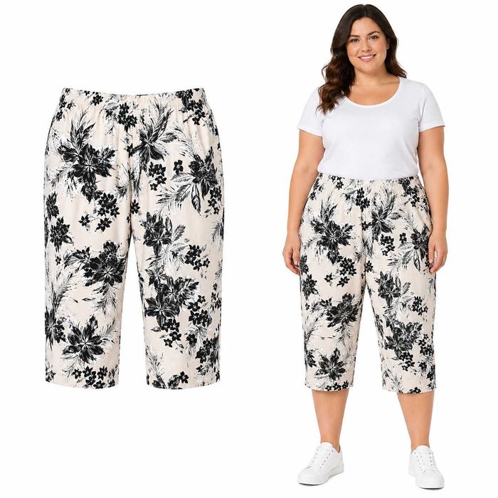 Bonmarche spodnie damskie Plus Size rybaczki kwiaty pas na gumce 52 6XL af1