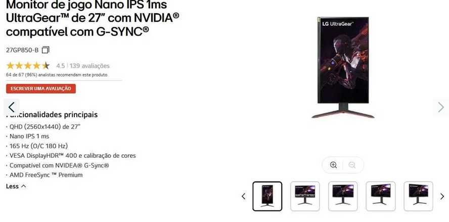 LG 27" UltraGear 27GP850-B Nano IPS Monitor, QHD, 16:9, 165Hz, HDR400 (1ms)64298032085889123