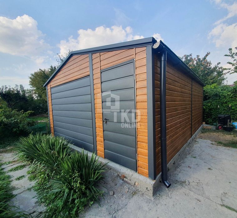 Garaż Blaszany 4,5X5 Brama Drzwi Okno Antracyt Jasny Orzech Tkd85