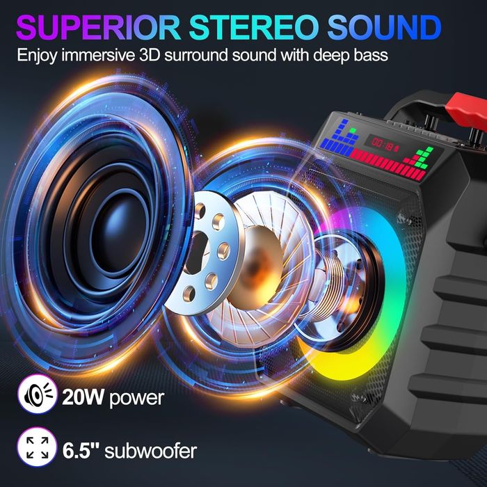 Máquina de Karaoke Portátil Bluetooth com 2 Microfones + Luzes RGB