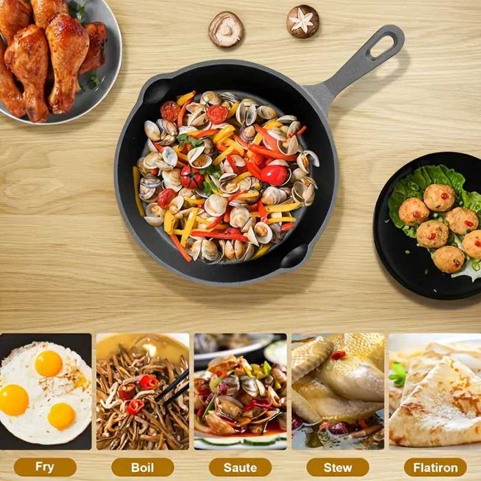 Zestaw 4 sztuk patelni żeliwnych, patelnie z powłoką nieprzywierającą