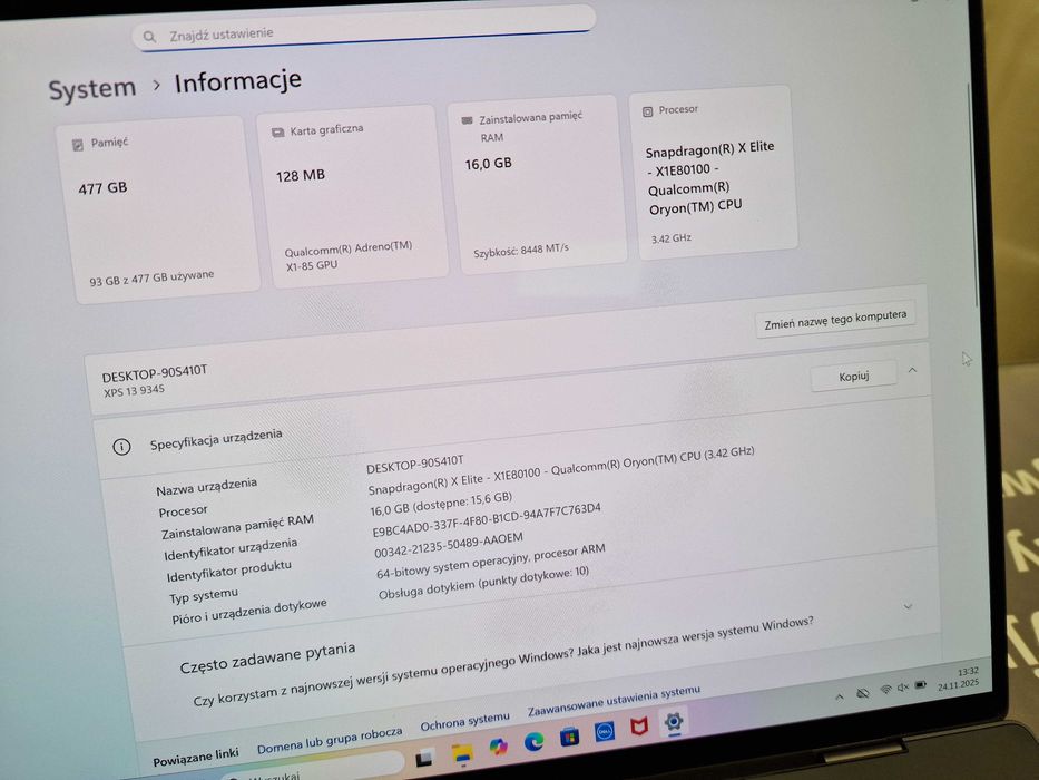 DELL XPS 13 9345/ Snapdragon X Elite/ 16GB/ 512GB/ 2880 x 1800 dotyk/ Gwarancja 6 MSC
