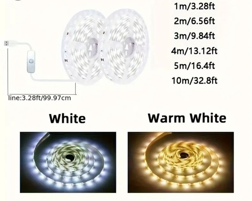 Розумна LED-стрічка з вимикачем,USB живлення, 1м/2м/3м/4м/5м/10 м