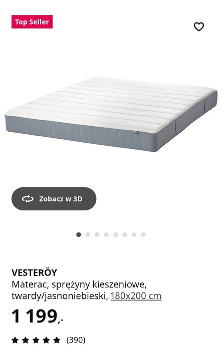 Nowe 1/2 ceny Materac sprężynowy kieszen. 180 cm VESTEROY Ikea