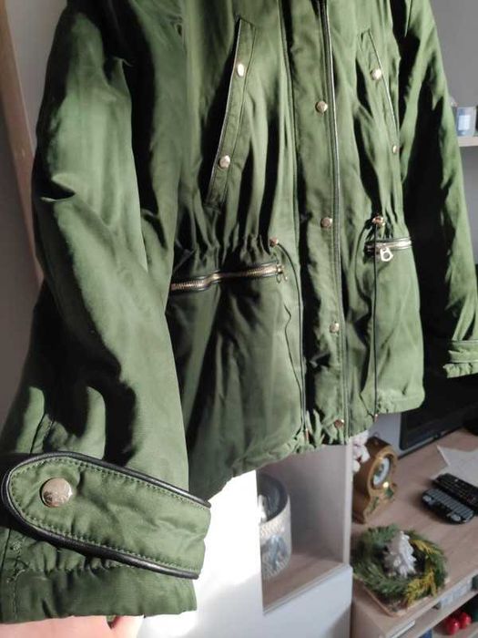 Kurtka zimowa, parka, ciepła, ZARA, futerko, zielona